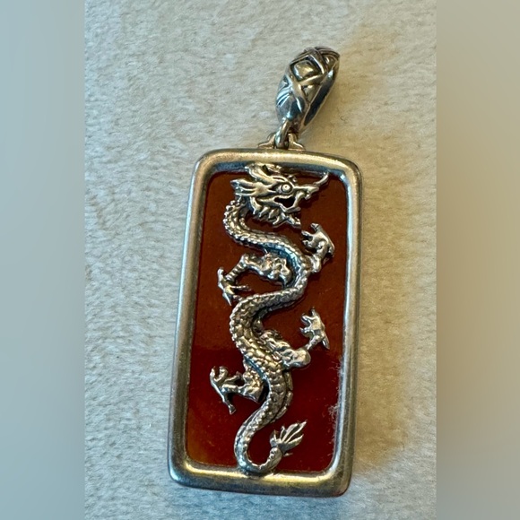 Silver Dragon Pendant with Red Jade Background - Picture 5 of 6